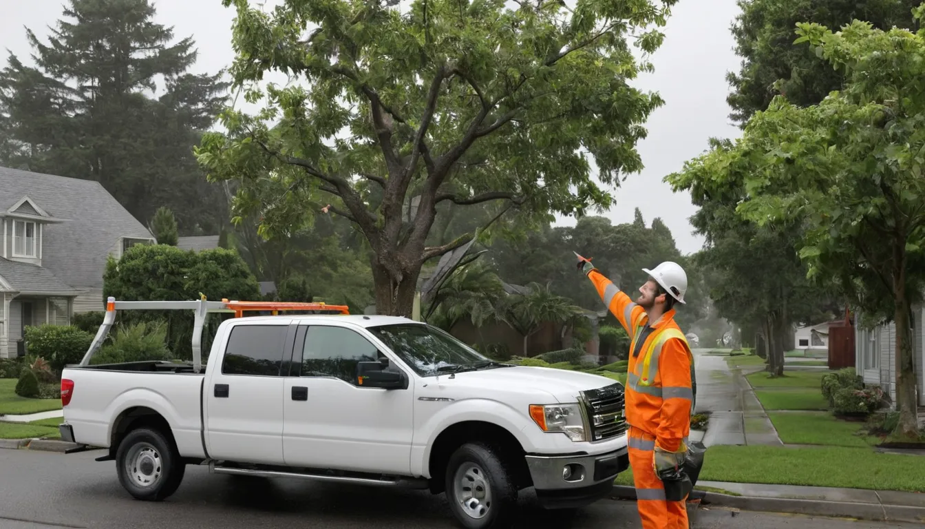 Tree provider checking a storm-damaged limb near a roof in the Vallejo area